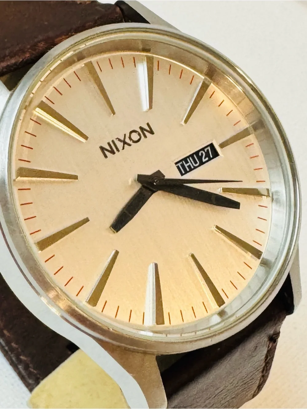 Nixon The Sentry 42mm Men's Day/Date Watch Silver Dial Brown Leather